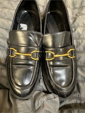 Women’s Black Leather Horsebit Loafers with Gold Accent